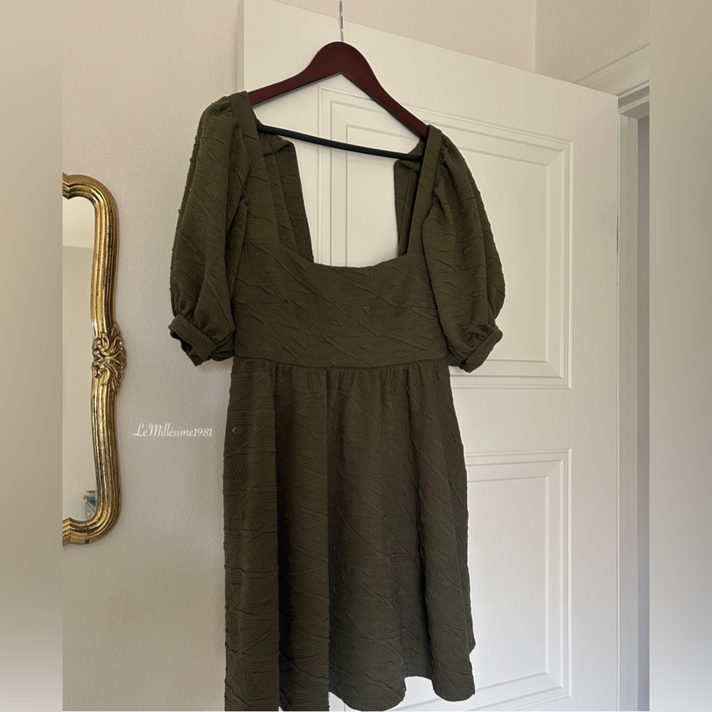 Free People Violet Mini Dress in Green Puff Sleeve Square Neck Size Medium M - Picture 2 of 7